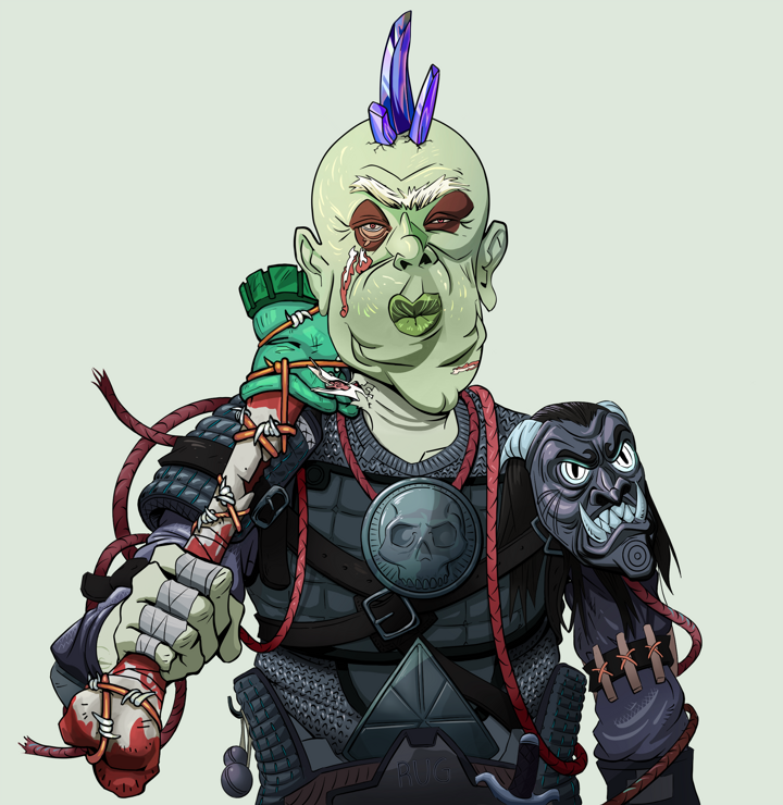 Fat Bob — Degen Dojo NFT art (Shirtless Runt, Olive Green, Demons, Black Iron Tosei Gusoku, Fat Bob, Mohawk Spike, Spiky Femur, Mint)