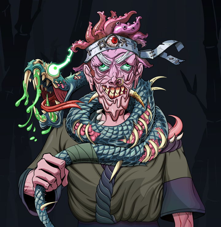 Assassin Fuzen — Degen Dojo NFT art (Shirtless Runt, Night Forest, Demons, Puppy Kimono, Assassin Fuzen, Karate Headband, Enchanted Snake, Mint)