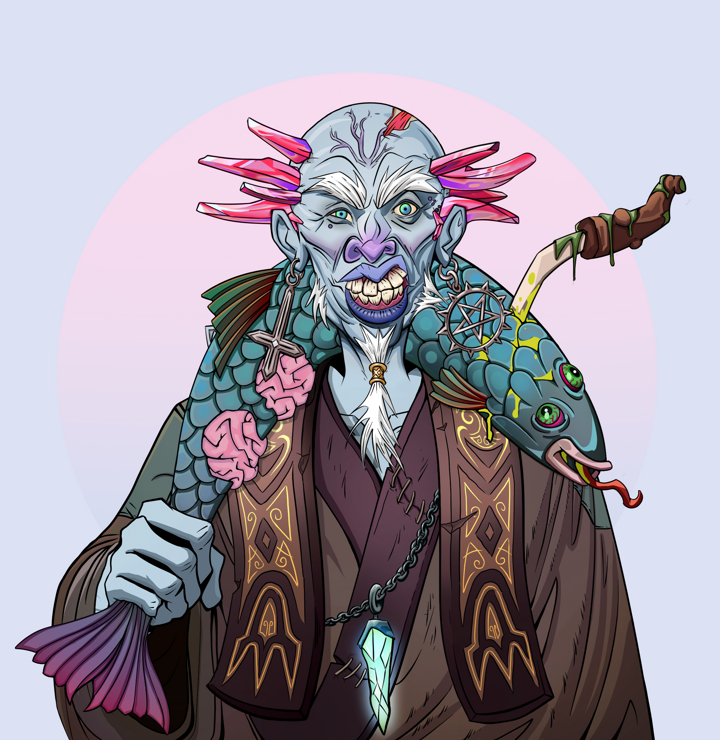 Yuji The Wise — Degen Dojo NFT art (Jesuit Crosses, Purple Night, Demons, Ordained Dejen, Yuji The Wise, Shirtless Runt, Dejen Mohawk, Dead Fish, Mint)