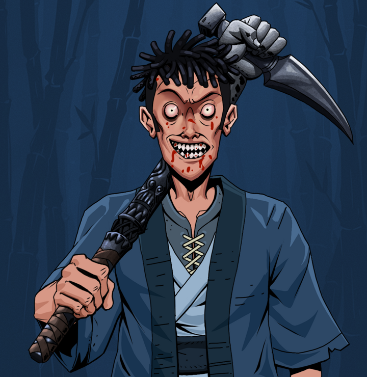 Assassin Fuzen — Degen Dojo NFT art (Shirtless Runt, Night Forest, Degens, Blue Warrior Kimono, Assassin Fuzen, Black Bantu Knots, Stone Fist-Sickle, Mint)