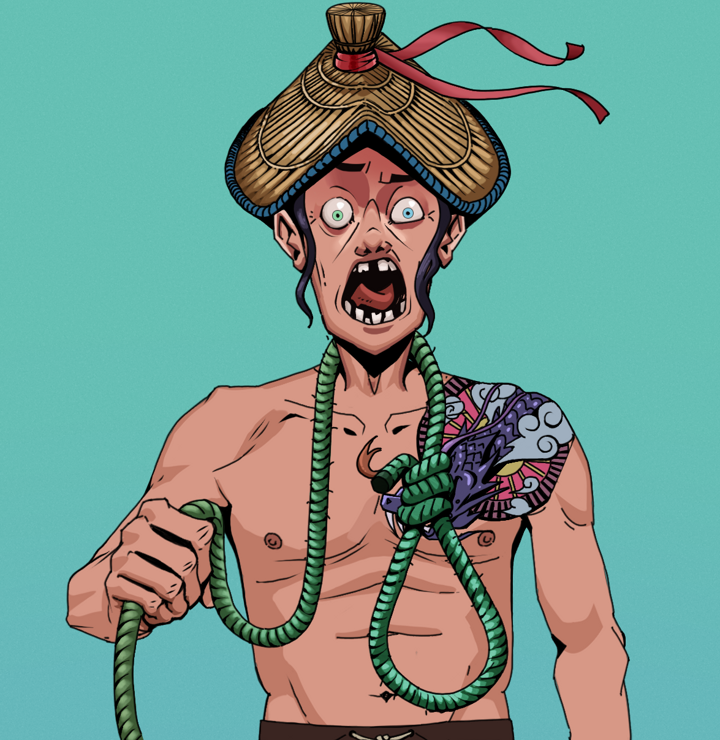 Tokuda — Degen Dojo NFT art (Shirtless Runt, Teal Daytime, Degens, Dragon Head Tattoo, Tokuda, High Straw Rice Hat, Noose, Mint)