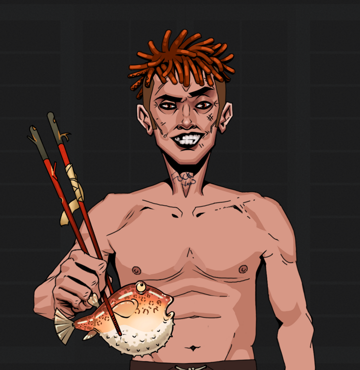 Junichiro — Degen Dojo NFT art (Shirtless Runt, Shoji Night, Degens, Junichiro, Orange Bantu Knots, Frightened Fugu, Mint)