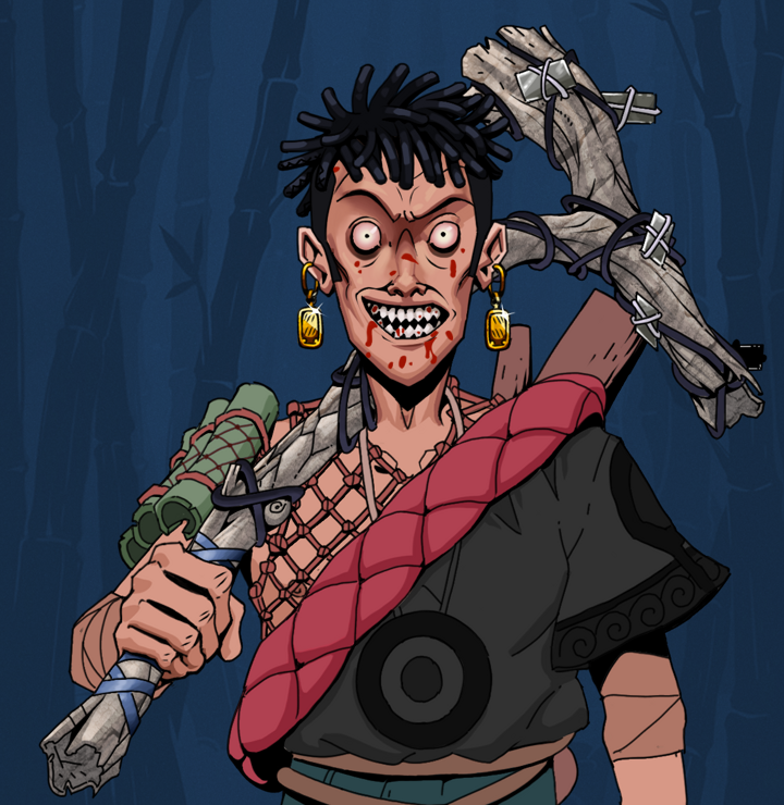 Assassin Fuzen — Degen Dojo NFT art (Gold Earrings, Night Forest, Degens, Village Leader, Assassin Fuzen, Shirtless Runt, Black Bantu Knots, Large Branch, Mint)