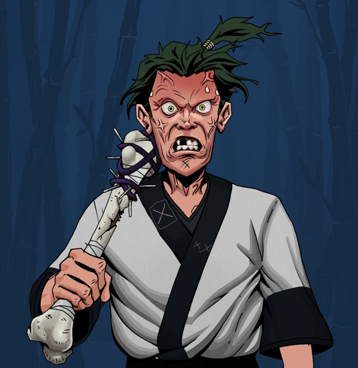 Angry Ikari — Degen Dojo NFT art (Shirtless Runt, Night Forest, Degens, Katana Kimono, Angry Ikari, Messy Ponytail, Spiky Femur, Mint)