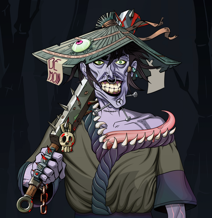 Junichiro Reborn — Degen Dojo NFT art (Wooden Loop, Night Forest, Demons, Puppy Kimono, Junichiro Reborn, Shirtless Runt, High Straw Rice Hat, Yakuza Club, Mint)