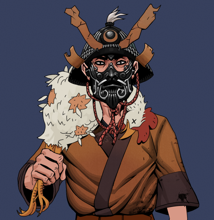 Junichiro Reborn — Degen Dojo NFT art (Shirtless Runt, Blue Evening, Degens, Poop Pride Kimono, Junichiro Reborn, Black Iron Kabuto, Chicken, Mint)