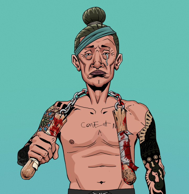 Teary Goro — Degen Dojo NFT art (Shirtless Runt, Teal Daytime, Degens, Black Yakuza Sleeves, Teary Goro, Hair Bun, Bloody Nunchucks, Mint)