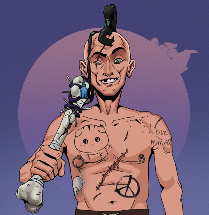 One-Eyed Itsuki — Degen Dojo NFT art (Tassel, Purple Night, Degens, Recovering Alcoholic, One-Eyed Itsuki, Shirtless Runt, Dejen Samurai, Spiky Femur, Mint)