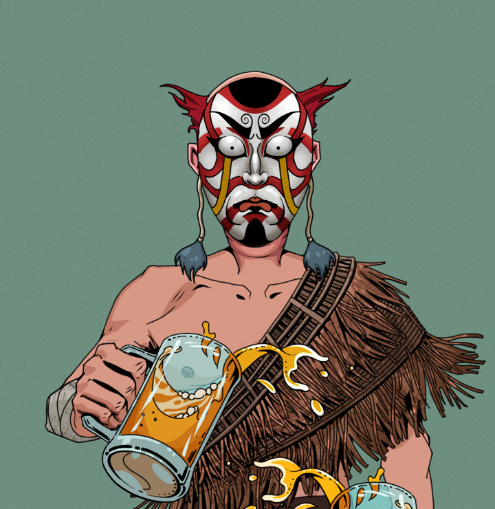 Fatty Bobsticks — Degen Dojo NFT art (Shirtless Runt, Olive Green, Degens, Dried Straw, Fatty Bobsticks, Kitsune Mask, Red Heihachi, Beer Splash, Mint)