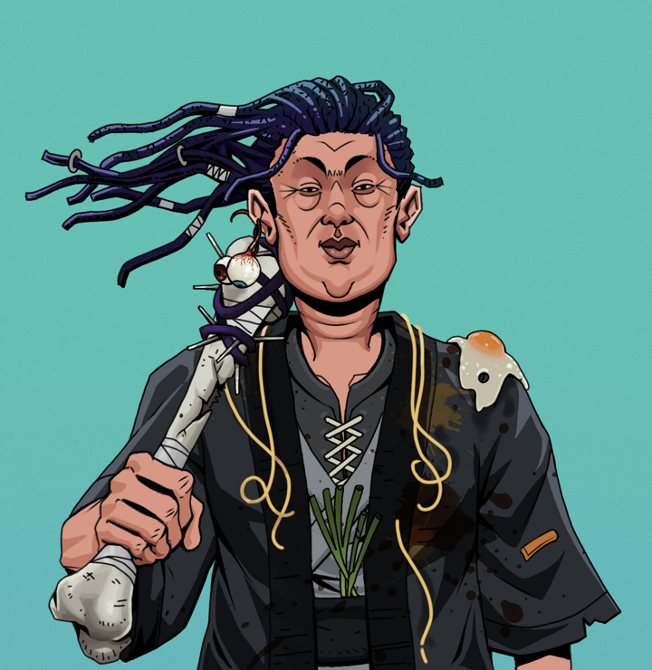 Fat Bob — Degen Dojo NFT art (Shaman Eyes, Teal Daytime, Degens, Glutton Fight, Fat Bob, Shirtless Runt, Flowing Dreads, Spiky Femur, Mint)