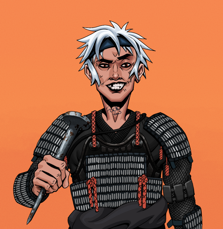 Junichiro — Degen Dojo NFT art (Shirtless Runt, Orange Afternoon, Degens, Black Iron Tosei Gusoku, Junichiro, White Ruffian, Rusty Nail, Mint)