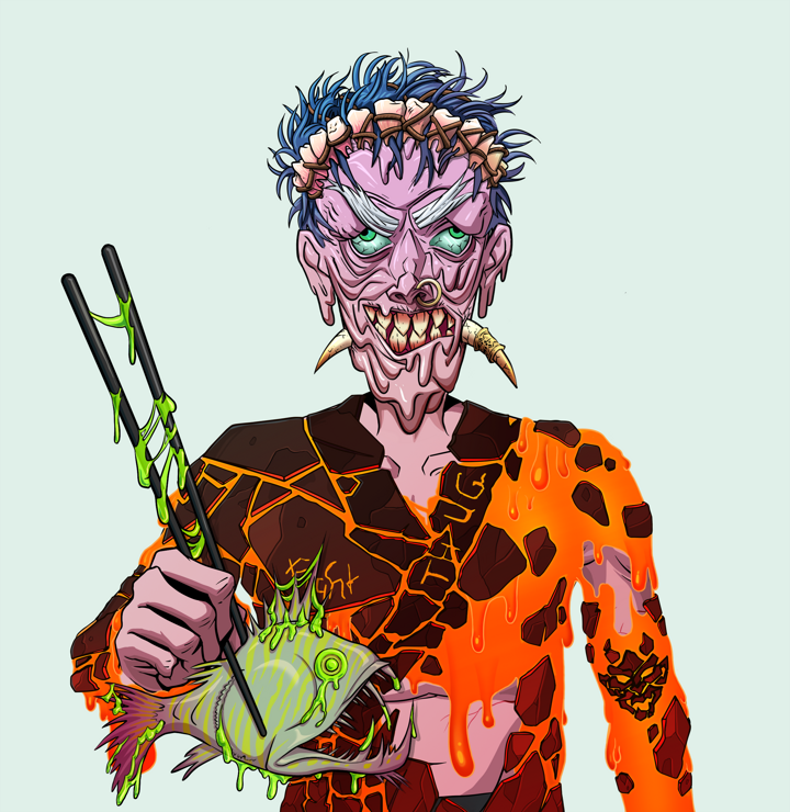 Assassin Fuzen — Degen Dojo NFT art (Shirtless Runt, Teal Daytime, Demons, Red Oni Kimono, Assassin Fuzen, Bum Headband Ruffian, Frightened Fugu, Mint)