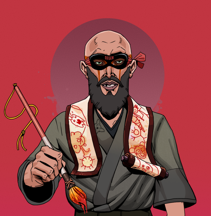 Oleg Of War — Degen Dojo NFT art (Shirtless Runt, Red High Moon, Degens, Puppy Kimono, Oleg Of War, Degen Superhero, Bald, Paintbrush, Mint)