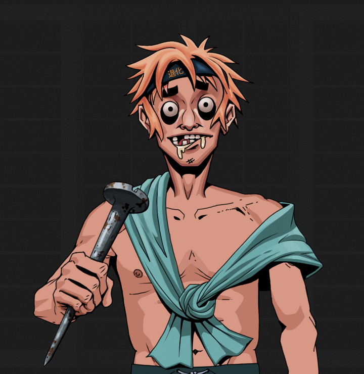 Drooling Azuma — Degen Dojo NFT art (Shirtless Runt, Shoji Night, Degens, Queeny Chic, Drooling Azuma, Tiger Headband Ruffian, Rusty Nail, Mint)