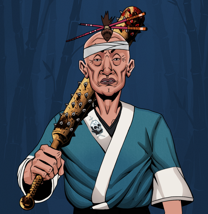 Goro — Degen Dojo NFT art (Shirtless Runt, Night Forest, Degens, Skull Kimono, Goro, Hair Bun With Chopsticks, Yakuza Club, Mint)