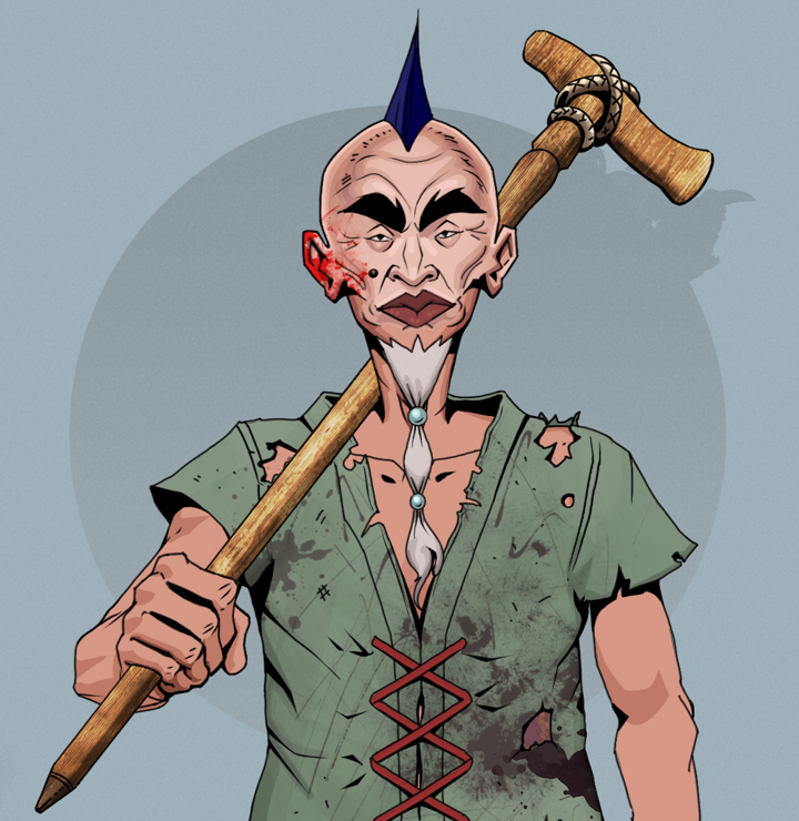 Yuji The Wise — Degen Dojo NFT art (Shirtless Runt, Grey Mist, Degens, Dirty Peasant Rags, Yuji The Wise, Mohawk Spike, Wooden Walking Cane, Mint)