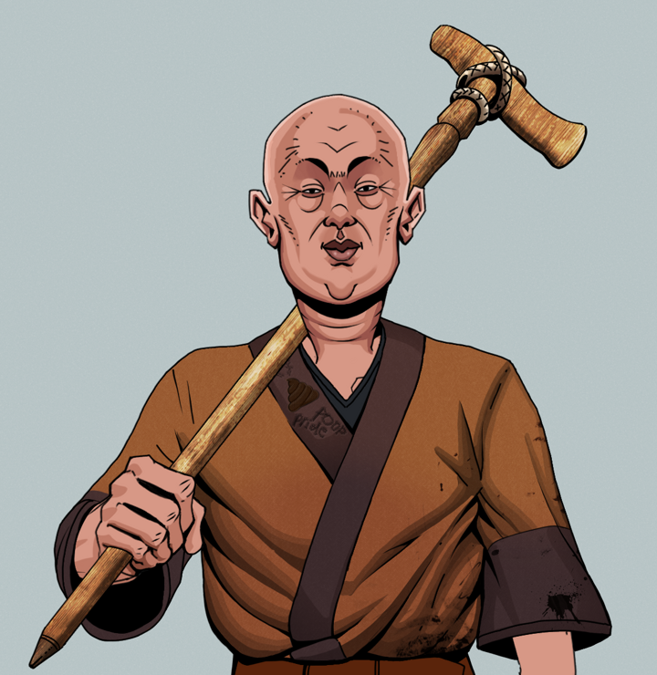 Fat Bob — Degen Dojo NFT art (Shirtless Runt, Light Grey, Degens, Poop Pride Kimono, Fat Bob, Bald, Wooden Walking Cane, Mint)