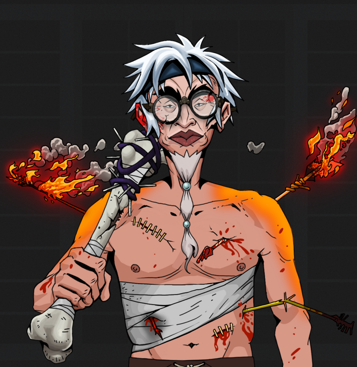 Yuji The Wise — Degen Dojo NFT art (Shirtless Runt, Shoji Night, Degens, Bloody Mess, Yuji The Wise, Bloodied Glasses, White Ruffian, Spiky Femur, Mint)
