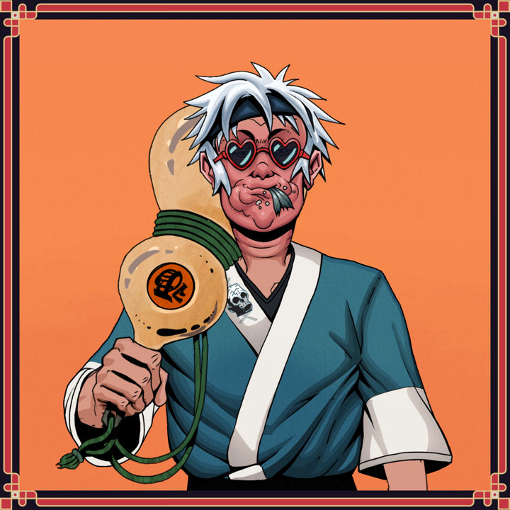 Fatty Bobsticks — Degen Dojo NFT art (Shirtless Runt, Orange Afternoon, Fatty Bobsticks, Skull Kimono, Degen, Loveheart Shades, White Ruffian, Iron Sake Pummel, Giant Sake Bottle, Framed)