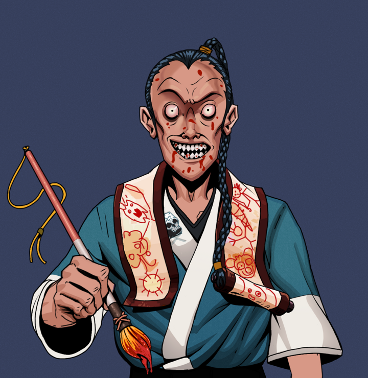 Assassin Fuzen — Degen Dojo NFT art (Shirtless Runt, Blue Evening, Degens, Skull Kimono, Assassin Fuzen, Braided Samurai Ponytail, Paintbrush, Mint)