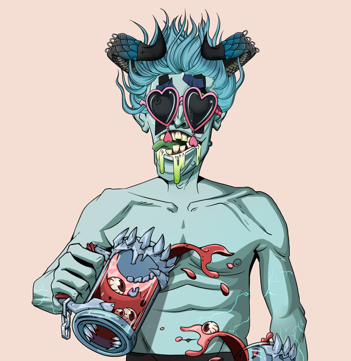 Toxic Azuma — Degen Dojo NFT art (Shirtless Runt, Orange Afternoon, Demons, Toxic Azuma, Loveheart Shades, Black Oni Horns, Beer Splash, Mint)