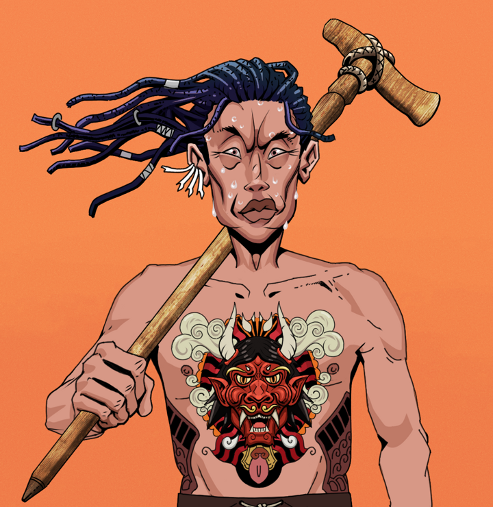Stresshead Rin — Degen Dojo NFT art (Chicken Bones, Orange Afternoon, Degens, Red Oni Tattoo, Stresshead Rin, Shirtless Runt, Flowing Dreads, Wooden Walking Cane, Mint)