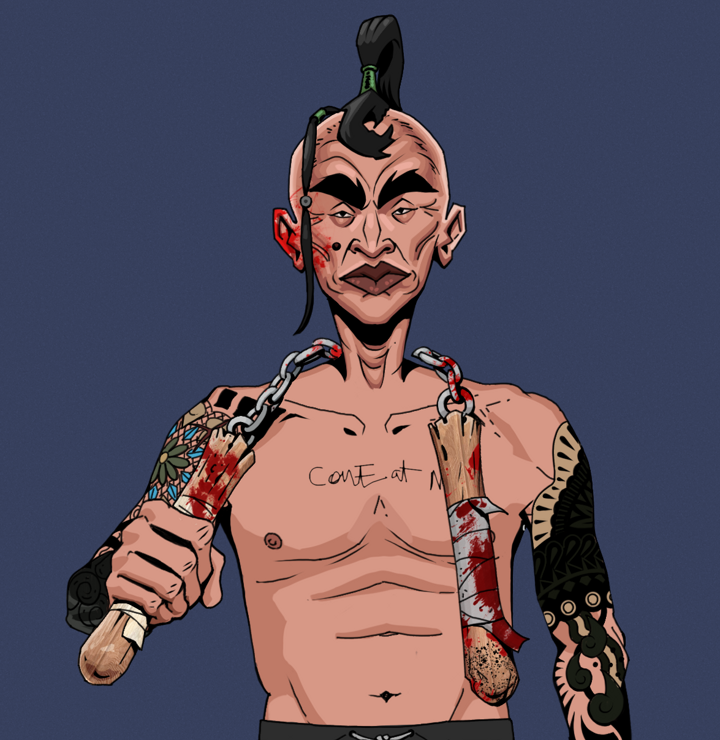 Young Yuji — Degen Dojo NFT art (Shirtless Runt, Blue Evening, Degens, Black Yakuza Sleeves, Young Yuji, Dejen Samurai, Bloody Nunchucks, Mint)