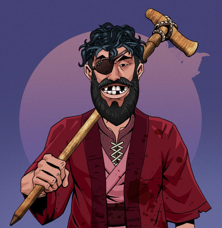 Igor The Veteran — Degen Dojo NFT art (Shirtless Runt, Purple Night, Degens, Red Warrior Kimono, Igor The Veteran, Messy, Wooden Walking Cane, Mint)