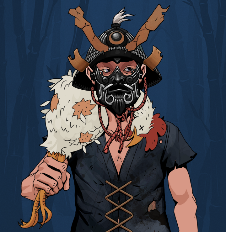Masumi Steel — Degen Dojo NFT art (Shirtless Runt, Night Forest, Degens, Black Peasant Sack, Masumi Steel, Black Iron Kabuto, Chicken, Mint)