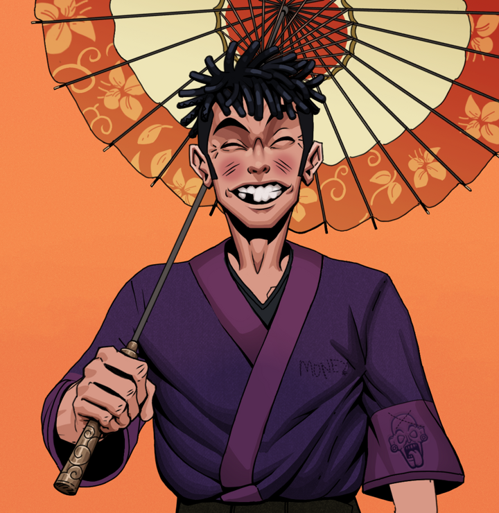 Cheery Haru — Degen Dojo NFT art (Shirtless Runt, Orange Afternoon, Degens, Money Kimono, Cheery Haru, Black Bantu Knots, Floral Parasol, Mint)