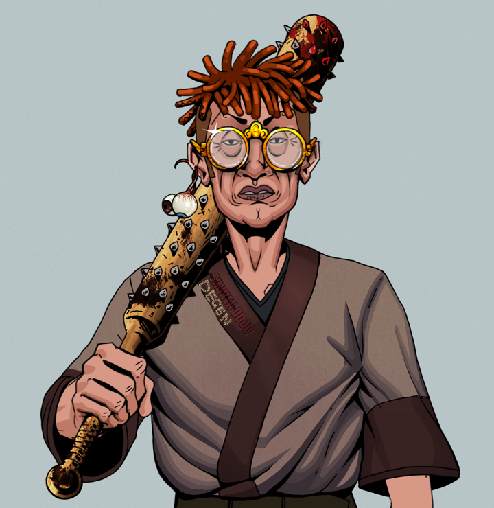 Goro — Degen Dojo NFT art (Shaman Eyes, Light Grey, Degens, Degen Dojo Kimono, Goro, Golden Glasses, Orange Bantu Knots, Yakuza Club, Mint)