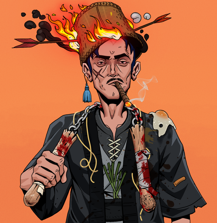 Raikou The Stoner — Degen Dojo NFT art (Tassel, Orange Afternoon, Degens, Glutton Fight, Raikou The Stoner, Shirtless Runt, Burning Basket, Bloody Nunchucks, Mint)
