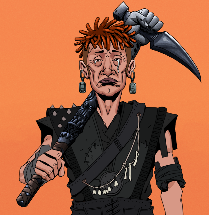 Teary Goro — Degen Dojo NFT art (Iron Earrings, Orange Afternoon, Degens, Warlock Wannabe, Teary Goro, Shirtless Runt, Orange Bantu Knots, Stone Fist-Sickle, Mint)