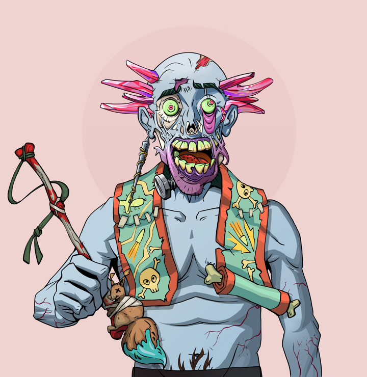Shitless Botan — Degen Dojo NFT art (Shark Tooth, Red High Moon, Demons, Nudey Freak, Shitless Botan, Shirtless Runt, Dejen Mohawk, Paintbrush, Mint)