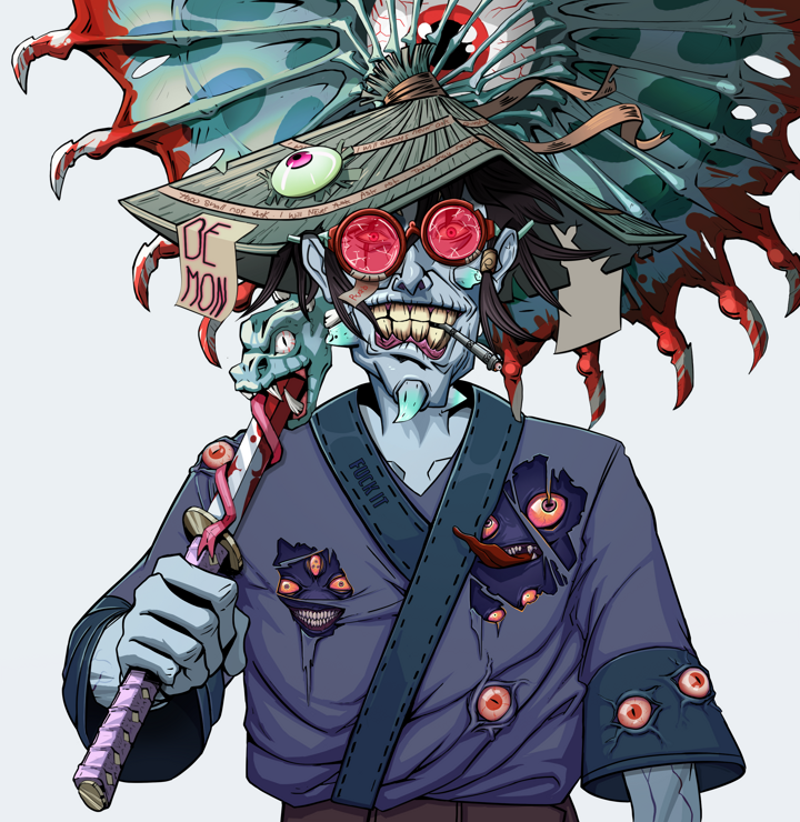 One-Eyed Itsuki — Degen Dojo NFT art (Shirtless Runt, Light Grey, Demons, Fuck You Kimono, One-Eyed Itsuki, Broken Glasses, High Straw Rice Hat, Floral Parasol, Mint)