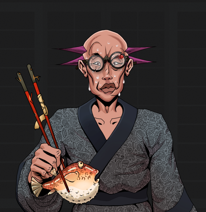 Stresshead Rin — Degen Dojo NFT art (Shirtless Runt, Shoji Night, Degens, Sushi Love Loose Kimono, Stresshead Rin, Bloodied Glasses, Dejen Mohawk, Frightened Fugu, Mint)