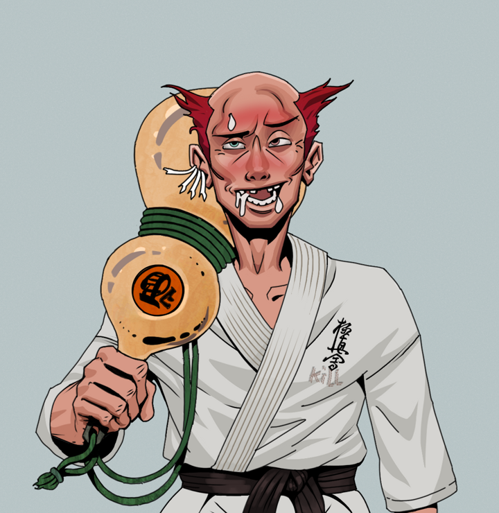 Yuuki — Degen Dojo NFT art (Chicken Bones, Light Grey, Degens, Student Gi, Yuuki, Shirtless Runt, Red Heihachi, Giant Sake Bottle, Mint)