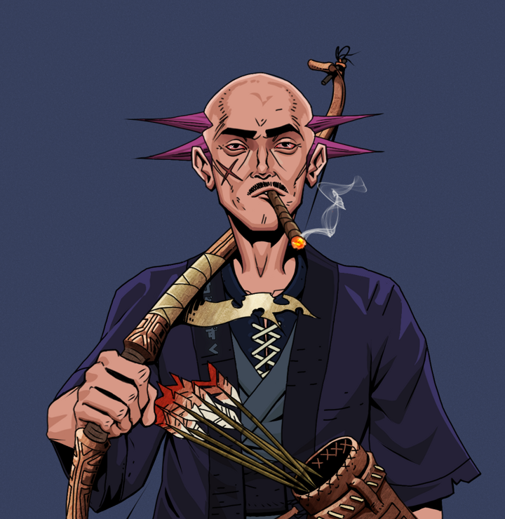 Raikou The Stoner — Degen Dojo NFT art (Shirtless Runt, Blue Evening, Degens, Daimyo Warrior Kimono, Raikou The Stoner, Dejen Mohawk, Runed Yumi, Mint)