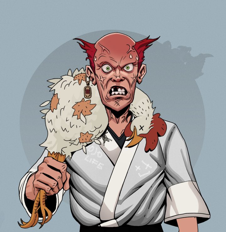 Angry Ikari — Degen Dojo NFT art (Dojo Paper Earring, Grey Mist, Degens, No Honor Kimono, Angry Ikari, Shirtless Runt, Red Heihachi, Chicken, Mint)