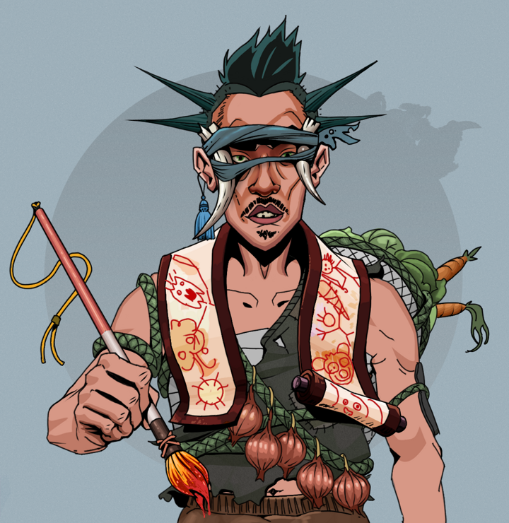 Gloomy Masumi — Degen Dojo NFT art (Tassel, Grey Mist, Degens, Farmer, Gloomy Masumi, Tied Horns, Yakuza Ruffian, Paintbrush, Mint)