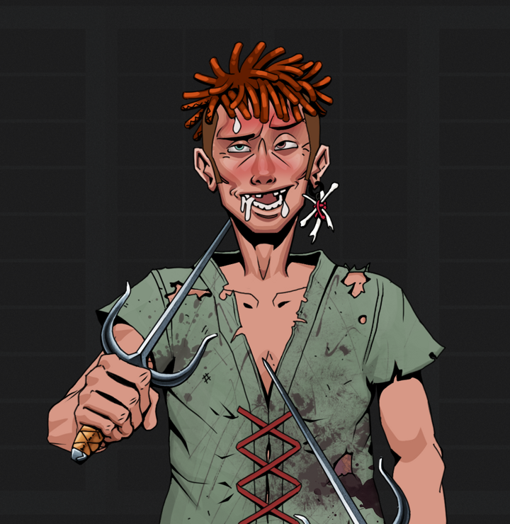 Yuuki — Degen Dojo NFT art (Finger Bones, Shoji Night, Degens, Dirty Peasant Rags, Yuuki, Shirtless Runt, Orange Bantu Knots, Dual Sai, Mint)