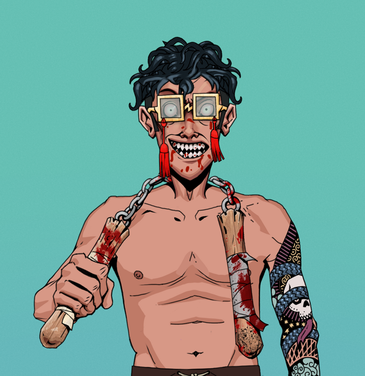 Assassin Fuzen — Degen Dojo NFT art (Shirtless Runt, Teal Daytime, Degens, Skull Sleeve, Assassin Fuzen, Shoji Tassel Glasses, Messy, Bloody Nunchucks, Mint)
