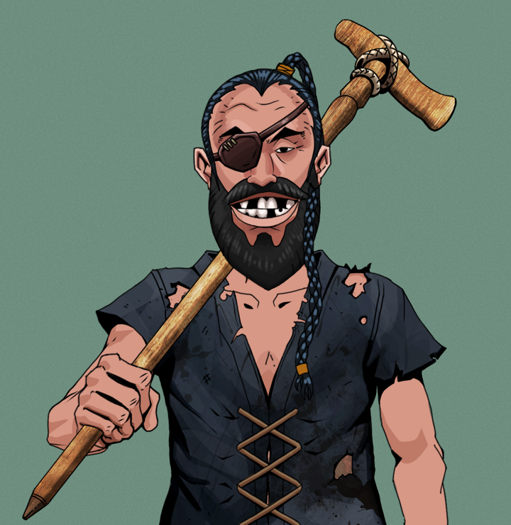 Igor The Veteran — Degen Dojo NFT art (Shirtless Runt, Olive Green, Degens, Black Peasant Sack, Igor The Veteran, Braided Samurai Ponytail, Wooden Walking Cane, Mint)