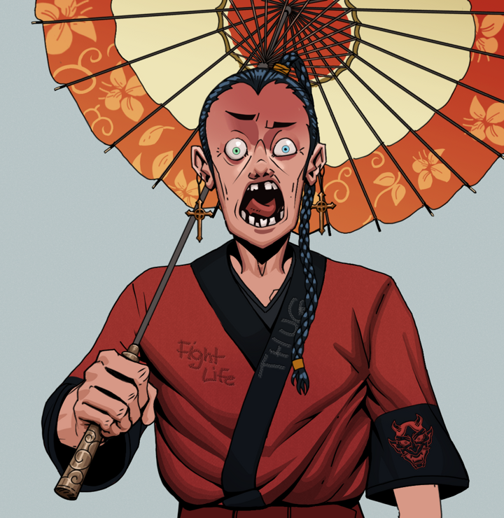 Tokuda — Degen Dojo NFT art (Jesuit Crosses, Light Grey, Degens, Red Oni Kimono, Tokuda, Shirtless Runt, Braided Samurai Ponytail, Floral Parasol, Mint)