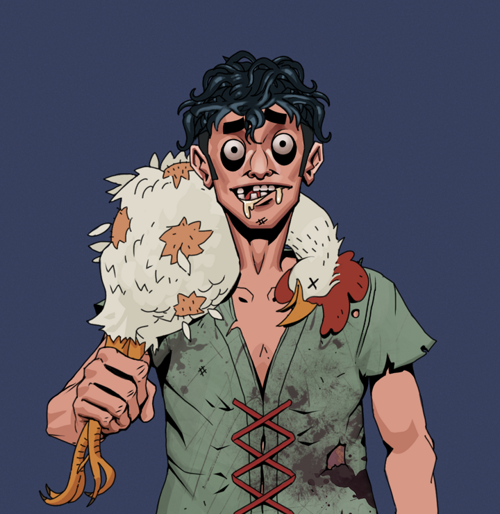 Drooling Azuma — Degen Dojo NFT art (Shirtless Runt, Blue Evening, Degens, Dirty Peasant Rags, Drooling Azuma, Messy, Chicken, Mint)