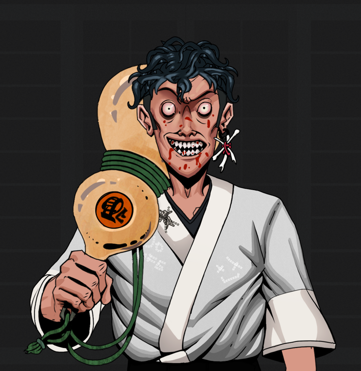 Assassin Fuzen — Degen Dojo NFT art (Finger Bones, Shoji Night, Degens, No Honor Kimono, Assassin Fuzen, Shirtless Runt, Messy, Giant Sake Bottle, Mint)