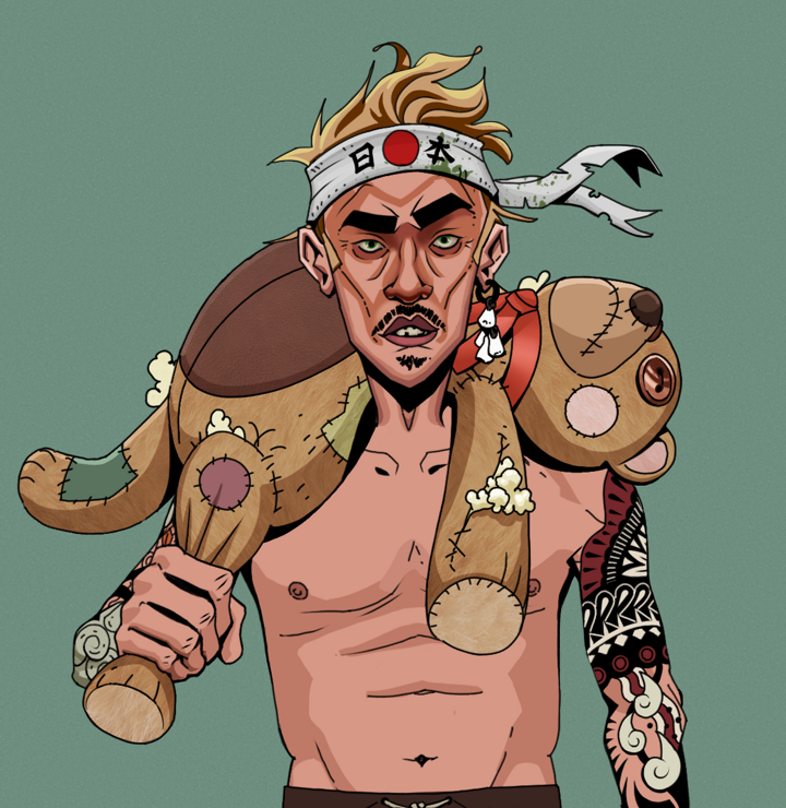 Gloomy Masumi — Degen Dojo NFT art (Foes Teeth, Olive Green, Degens, Yakuza Tattoo Sleeves, Gloomy Masumi, Shirtless Runt, Karate Headband, Teddy Bear, Mint)