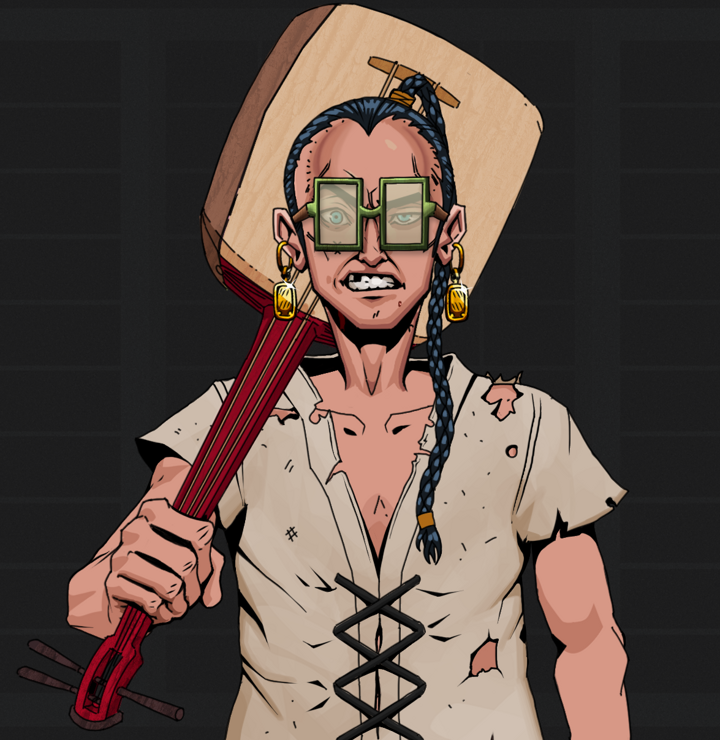 Akuma — Degen Dojo NFT art (Gold Earrings, Shoji Night, Degens, Rice Sack Rags, Akuma, Shoji Glasses, Braided Samurai Ponytail, Shamisen, Mint)