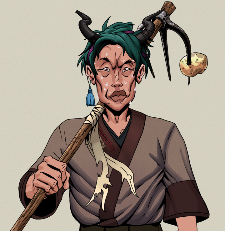 Stresshead Rin — Degen Dojo NFT art (Tassel, Warm Grey, Degens, Degen Dojo Kimono, Stresshead Rin, Shirtless Runt, Black Oni Horns, Farmers Hoe, Mint)