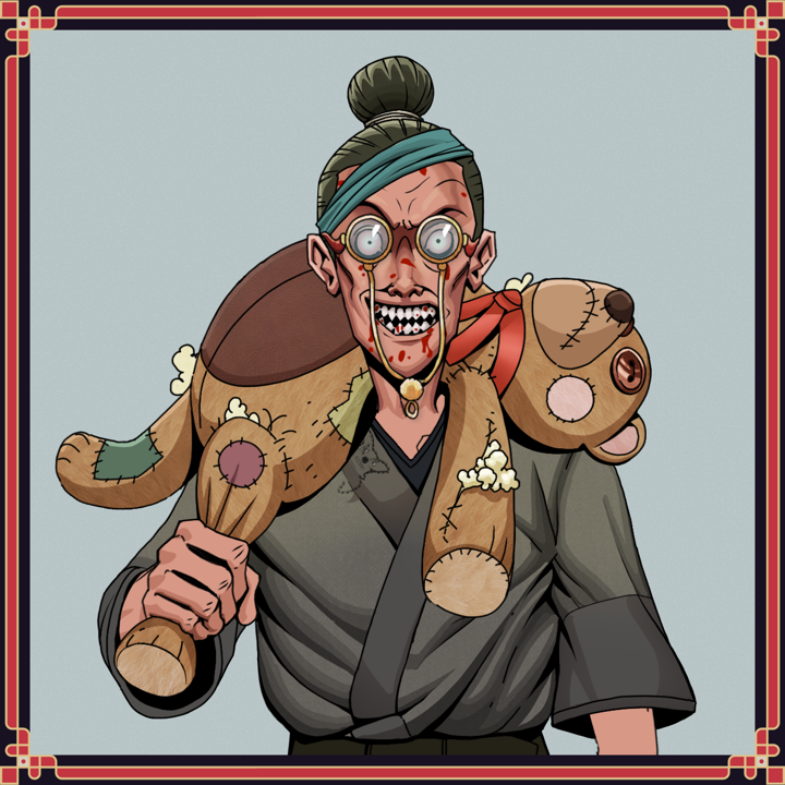 Assassin Fuzen — Degen Dojo NFT art (Shirtless Runt, Light Grey, Assassin Fuzen, Puppy Kimono, Degen, Pompous Glasses, Hair Bun, Vile Cyclone Spike, Teddy Bear, Framed)